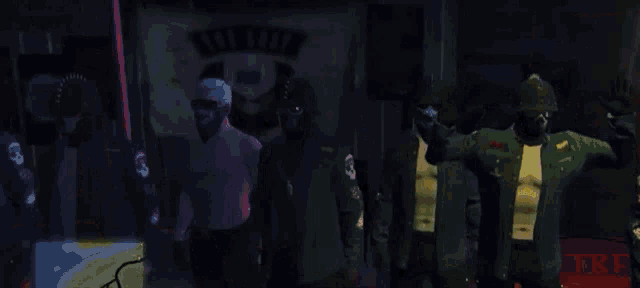 a group of men are standing in front of a sign that says ' red light ' on it