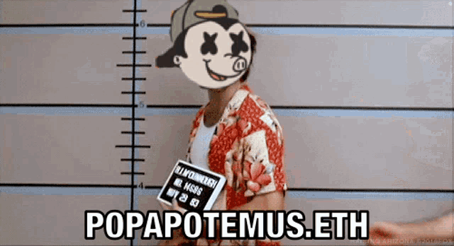 a man in a hawaiian shirt has a picture of a dead pig on his face and the words popapotemus.eth below him