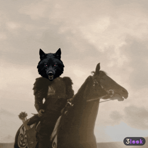 a man riding a horse with a wolf 's head on his back