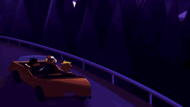 a cartoon of a car driving down a road with a full moon in the background