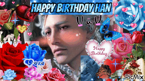 a collage of flowers and hearts with the words happy birthday han on top