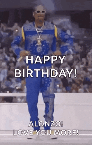 snoop dogg is dancing in front of a crowd and saying happy birthday .
