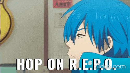 a blue haired anime character says hop on r.e.p.o