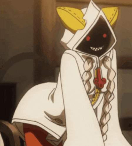 a cartoon character wearing a white hooded cape with yellow ears and red eyes