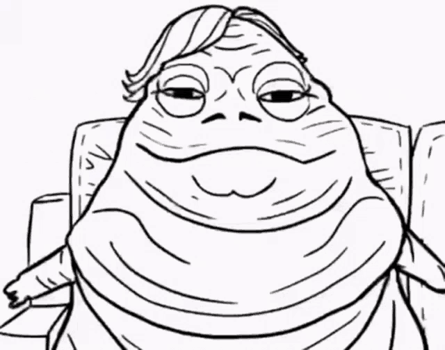 a black and white drawing of jabba the hutt sitting on a couch .