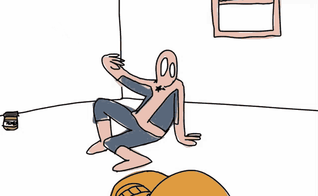 a drawing of a spider man with a jar of peanut butter on the floor