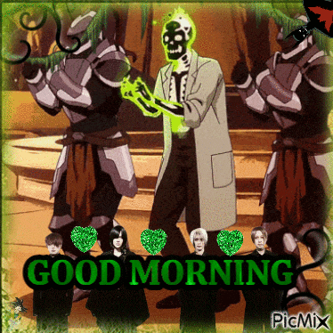 a group of people are standing in front of a sign that says good morning picmix