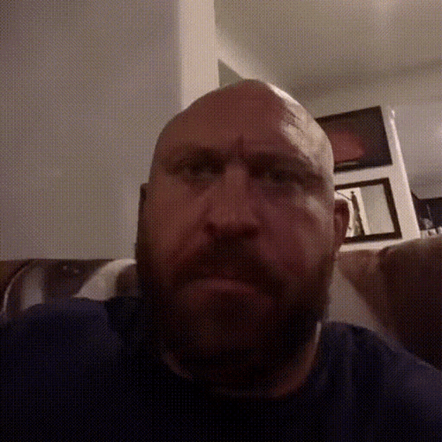 a bald man with a beard is sitting on a couch in a living room
