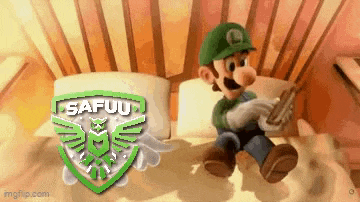a cartoon character is sitting on a bed with a shield on the bottom .