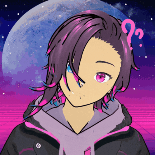 a girl with purple hair has a question mark on her head