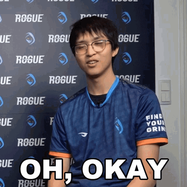 a man wearing a blue shirt that says oh okay