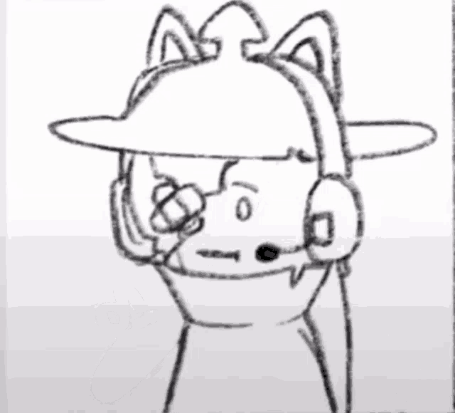 a black and white drawing of a person wearing a hat and headphones .