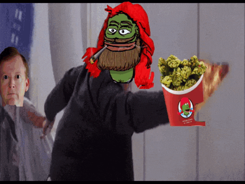 a cartoon of a man with a beard holding a bucket of weed