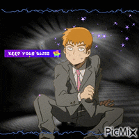 a cartoon of a man in a suit and tie with a keep your bliss sign behind him
