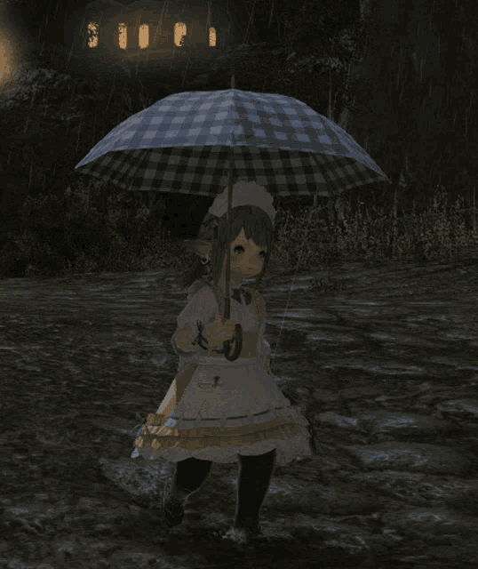 a girl in a maid outfit holding a blue and white checkered umbrella