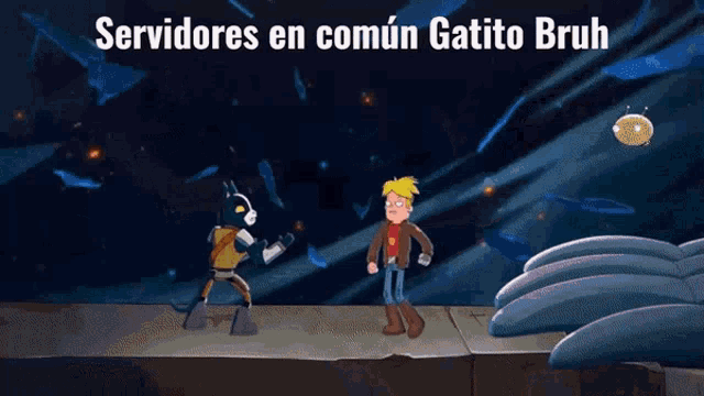 a cartoon scene with the words servidores en común gatito bruh on the top