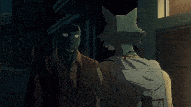 a cartoon of a man and a wolf talking