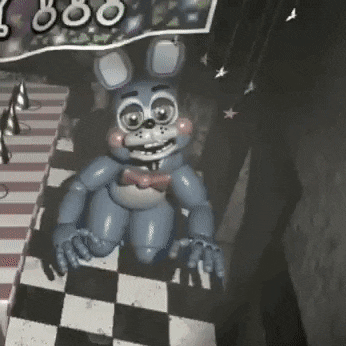 bonnie the bunny from five nights at freddy 's is sitting on a checkered floor in a room .