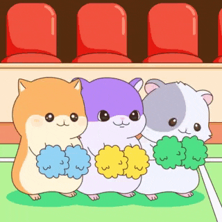 three hamsters are standing next to each other holding pom poms in front of a row of red seats .