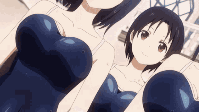two anime girls are standing next to each other with their breasts visible