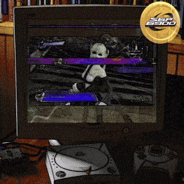 a computer monitor displays a cartoon of a woman with a purple background