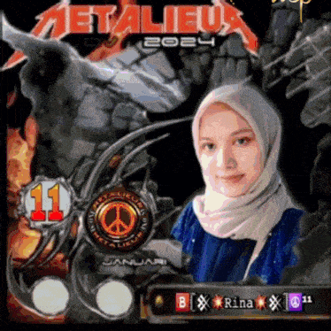 a metallica poster with a woman wearing a hijab and the number 11