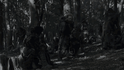 a group of people are sitting in the woods holding swords .