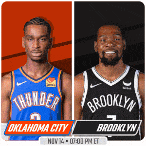 two basketball players from oklahoma city and brooklyn on a poster