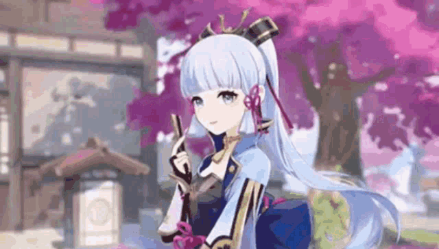 a girl with blue hair is standing in front of a cherry blossom tree holding a sword .