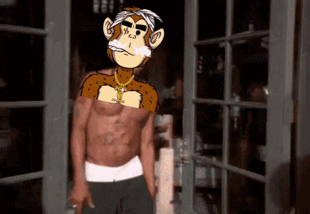 a cartoon of a shirtless man with a monkey on his face