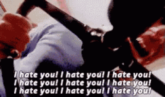 a man is holding a knife in his hand and saying i hate you ! i hate you ! i hate you !
