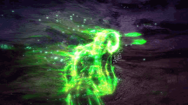 a purple background with a green glowing figure in the middle