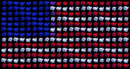 a black background with red white and blue sheep
