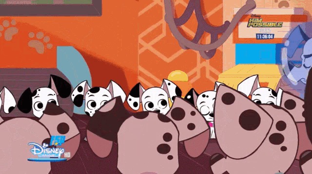 a group of dalmatian dogs standing in front of a sign that says him possible on it