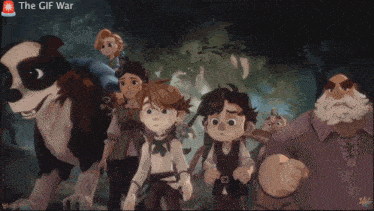 a group of cartoon characters standing next to each other with the words " the gif war " at the top