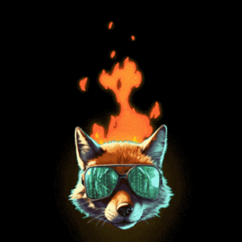 a fox wearing sunglasses with flames coming out of it 's head