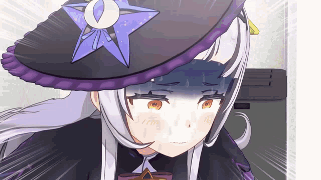 a cartoon character wearing a purple and black hat with a star on it