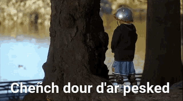 a child standing next to a tree with the words " chenich dour d'ar pesked " written below him