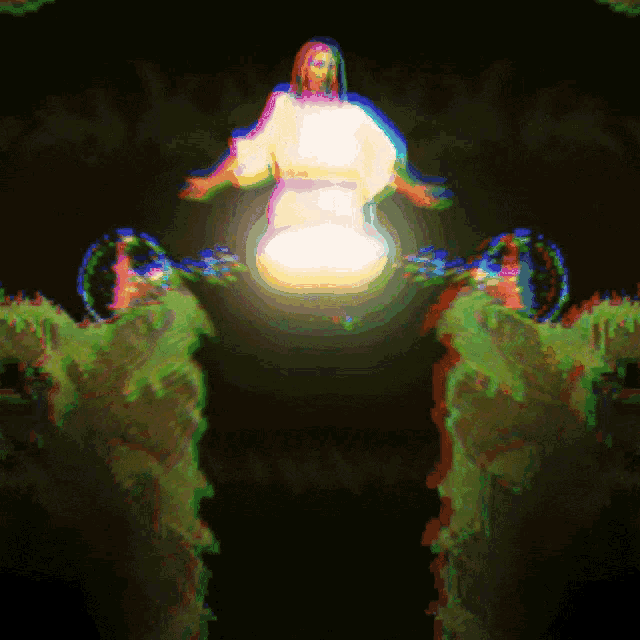 a painting of jesus in a white robe with his arms outstretched in the dark