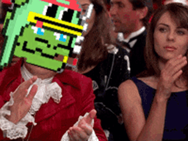 a pixelated image of a man wearing a crown applauding