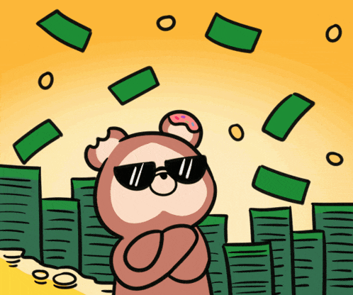 a cartoon of a teddy bear wearing sunglasses with money falling on him