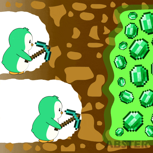 a drawing of a penguin holding a pickaxe next to a pile of emeralds with abster written on the bottom