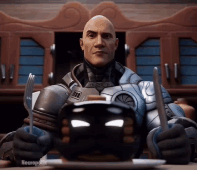 a video game character is sitting at a table with a plate of food and a fork and knife
