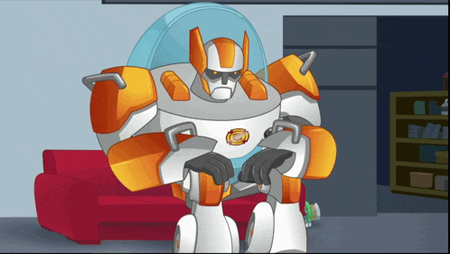 a robot is sitting on a red couch in a room with a shelf in the background