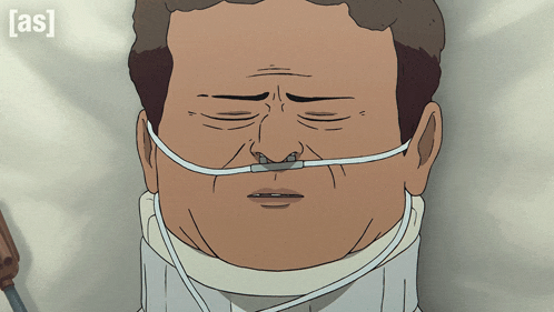 a cartoon of a man with a neck brace and an oxygen mask on his face