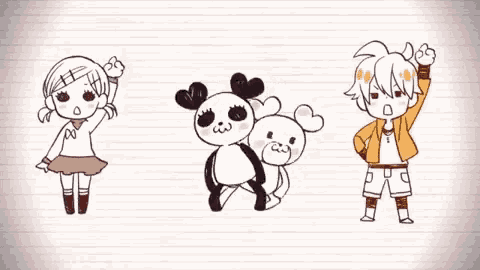 a drawing of a girl , a boy and a panda bear on a piece of paper