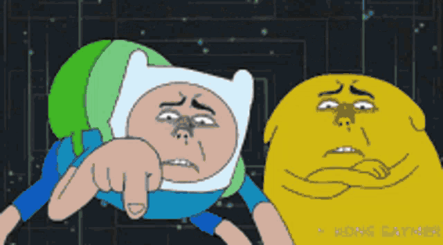 a cartoon character is pointing at another cartoon character 's face
