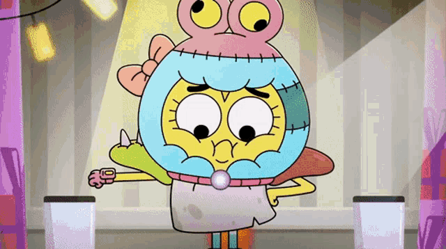 a cartoon character is wearing a sweater with stitches on it