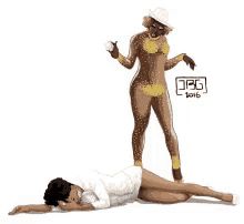a woman in a bikini is standing next to a woman laying on the ground and says oh you thirsty bitch ?