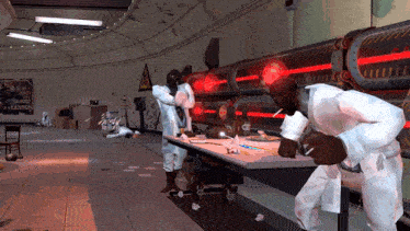 a man in a lab coat is smoking a cigarette in front of a sign that says ' nuclear weapons '